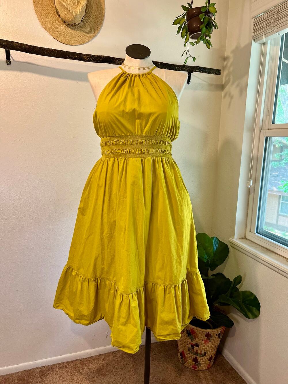 A New Day Cotton Yellow High Neck Sleeveless Midi Fit Flare Dress Size Large
